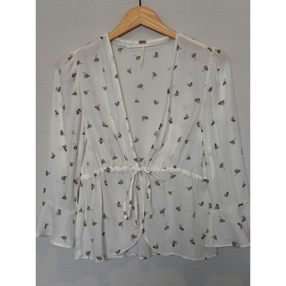 Free People Bee Print Tie Front Blouse Boho Bell Sleeve Sheer Top White S - Picture 12 of 16